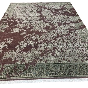 Alfombra de Lana Anudada a Mano, Estilo Vintage Damasco, Color Borgoña y Marfil, Motivos Florales, Borde Oscuro, Grande, para Sala de Estar, Dormitorio, Decoración de Hotel - Product Image 2