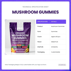Private Label Mushroom & Ashwagandha Herbal Gummies with Mixed Fruit Flavor 60-count OEM Factory - Product Image 3