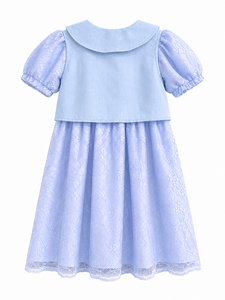 Robe élégante en dentelle bleue pour filles avec col Peter Pan et manches bouffantes |   Robe de fête de princesse de boutique - Product Image 2