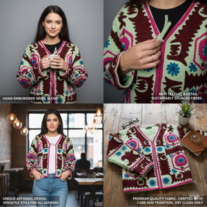 Veste en coton brodée à col en V faite à la main pour femmes, motif floral de paon, style bohème chic, vêtement d'extérieur - Product Image 4