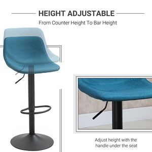 Set of 2 Comfortable Blue Padded Swivel Bar <b>Stools</b> <b>with</b> Chrome Base Metal Frame Adjustable <b>Back</b> for Home Bar Kitchen Counter - Product Image 4