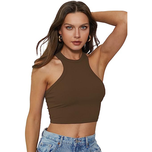 Ribbed Knit Women’s Crop Tank High Neck Sleeveless Fitted Casual <b>Top</b> - Product Image 1