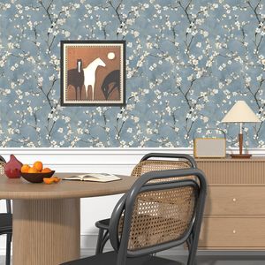 Carta da Parati Floreale Blu Boho Adesiva 44,2 cm x 300 cm Rami in Fiore e Fiori Bianchi Carta Adesiva Rimovibile con Foglie di Alberi - Product Image 3