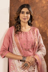 Women's Pink Hand Embroidered Marina Silk Quick Dry <b>Kurta</b> Set Dupatta Traditional <b>Indian</b> Pakistani Casual Ankle-Length Regular - Product Image 4