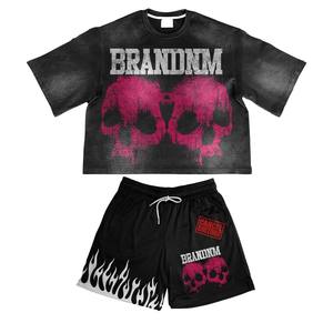 BRANDNM Skull Print Cotton Silk Screen Printed <b>Knitted</b> T-Shirt Shorts <b>Set</b> Black Summer Street Style Men's Breathable Drawstring - Product Image 3