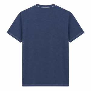 Camiseta Personalizada de Cuello Redondo en Algodón Azul Marino con Ribete en Contraste y Doble Costura, Manga Corta, Ropa Casual para Hombre, Venta al Por Mayor - Product Image 2