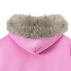 Sudadera con capucha rosa para hombre con cremallera y cuello de piel, unisex, informal, de invierno, suave, cómoda, de manga larga, ropa informal de invierno - Product Image 4