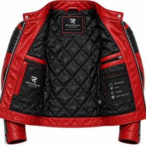 Blouson de moto pour homme en cuir véritable rouge respirant, col montant, fermeture éclair frontale, coupe-vent, style streetwear, idéal pour le printemps - Product Image 4