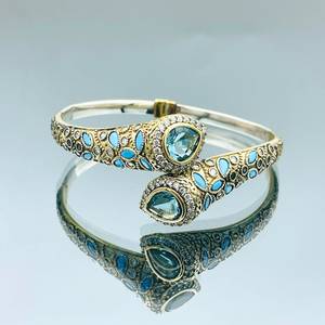 Handmade Aquamarine Stone <b>Bracelet</b> Sterling <b>Silver</b> <b>Cuff</b> Bangle Natural Blue Gemstone Jewelry Adjustable Gift For Women - Product Image 1