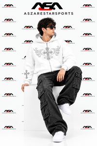 Sudadera con capucha y cremallera personalizada para hombre con detalle de diamantes de imitación con gráfico de cruz, estilo streetwear oversize - Product Image 1