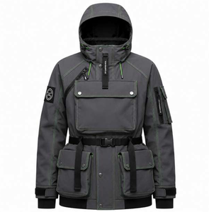 Veste tactique rembourrée pour homme, gris foncé, imperméable, coupe-vent, manteau d'hiver avec capuche, ceinture et plusieurs poches cargo - Product Image 1