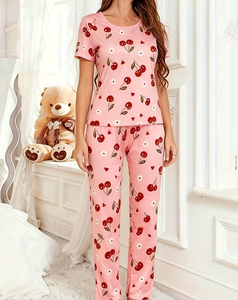 Women Striped Elastic Waist Eco-Friendly Pajama Set Short Sleeve Neck Cotton Sleepwear Casual Summer Loungewear Full Length - Product Image 6