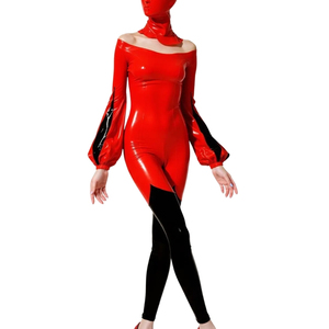 Women's <b>Red</b> PU Coated Jumpsuit Off Shoulder Long Sleeve High Waist Skinny Fit Full Length Solid Color Clubwear - Product Image 3