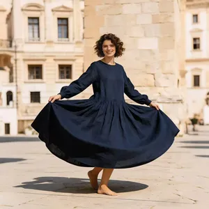 Robe longue bohème pour femme en coton et lin bleu marine, manches longues, col rond, coupe ample, unie, fluide, décontractée, pour l'été - Product Image 1