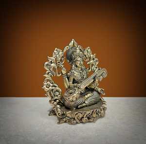 Handmade Brass Saraswati <b>Statue</b> Wax Casting Hindu Goddess Saraswati Idol for Home Temple Office Decor - Product Image 4