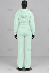 Conjunto de Sudadera y Pantalones Casuales de Invierno para Mujer, Color Verde Menta, con Capucha, Cierre Frontal con Cremallera, Manga Larga, Corte Holgado - Product Image 4