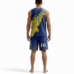 Maillot de basketball sublimé sans manches pour homme, col en V, anti-transpiration, débardeur athlétique bleu et jaune, motif peint à la main - Product Image 2
