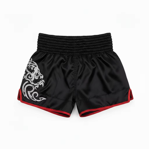 Shorts de Muay Thai Noir avec Bordure Rouge, Broderie Tigre, Logo Avant, Unisexe, Vêtements d'Arts Martiaux, Respirant, Séchage Rapide, Coupe Classique, Taille Adulte - Product Image 2