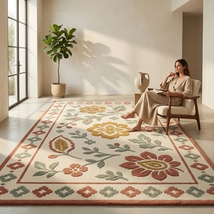 Tapis de salon rectangulaire tufté floral ivoire style bohème avec envers en latex antidérapant à poils moyens - Product Image 5