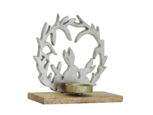 Modern Embroidered Silver Aluminium <b>Easter</b> Bunny and Antler Wreath Candle Holder with Gold <b>Cup</b> and Wooden Base - Product Image 2
