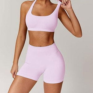 Breathable High Quality Women Yoga Shorts Top Solid 2-Piece Set Lightweight Stretch Spandex/Nylon Anti-Bacterial Quick Dry for - Product Image 2