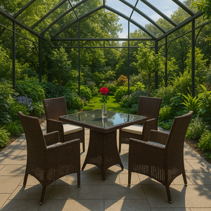 Ensemble de salle à manger moderne pour patio, 4 chaises et table ronde en verre, meubles en rotin PE résistant aux intempéries pour cour et espaces extérieurs d'hôtel - Product Image 3