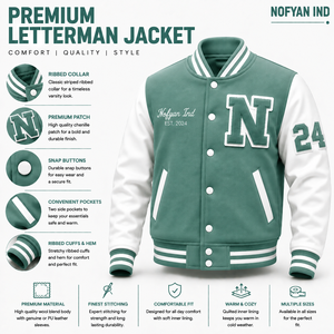 แจ็คเก็ต Letterman แบบกำหนดเองสำหรับผู้ชายและผู้หญิง ปักโลโก้ แขนทำจากขนสัตว์และหนัง แจ็คเก็ตเบสบอลทรงบอมเบอร์ ผู้ผลิต OEM - Product Image 1