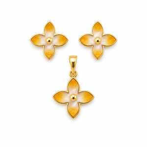 Ensemble de boucles d'oreilles pendantes florales en or jaune 18 carats avec sertissage clos, finition émail, polissage brillant, pour femme, idéal pour les fêtes, mariages, cadeau, bijoux fins - Product Image 2