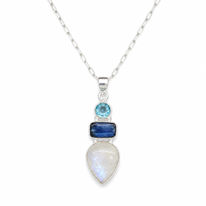 Colgante de Plata de Ley 925 con Tres Piedras: Topacio Azul, Cianita y Piedra Lunar, Diseño Minimalista para Uso Diario Unisex - Product Image 1