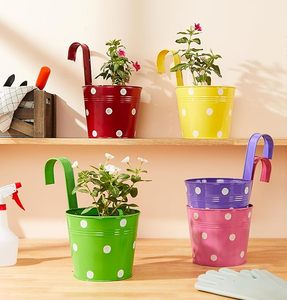 Jardinera Redonda con Puntos para Barandilla de Balcón Multicolor |   Macetas Metálicas con Barandilla de Puntos para Balcón y Jardinería en Casa - Product Image 4
