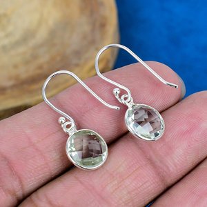 Natural <b>Green</b> Amethyst Round Shaped Gemstone Drop <b>Earring</b> Handmade 925 Sterling Silver Finish - Product Image 4