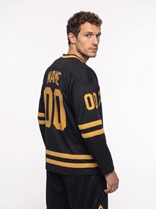 Camiseta de Hockey sobre Hielo Negra y Dorada para Hombre, Cuello en V, Manga Larga, Transpirable, de Malla, 100% Poliéster AR Tex, con Impresión del Nombre del Equipo - Product Image 5