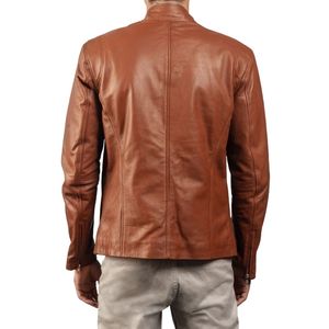 <b>Men's</b> Brown Genuine Leather Jacket Stand Collar Zipper <b>Long</b> Sleeve Casual Autumn <b>Coat</b> - Product Image 3