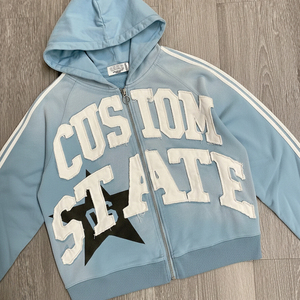 Applique Embroidery OEM Custom Print Oversized Vintage Blue Streetwear Zipper-up Heavyweight 400 GSM Men's Hoodie - Product Image 2