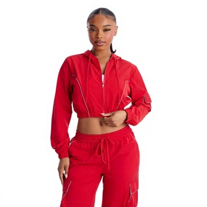 Custom <b>Women's</b> <b>Red</b> Cropped Zip <b>Hoodie</b> and Cargo Pants 2 Piece Tracksuit Set Streetwear Hoodies OEM Manufacturer ODM Supplier - Product Image 1