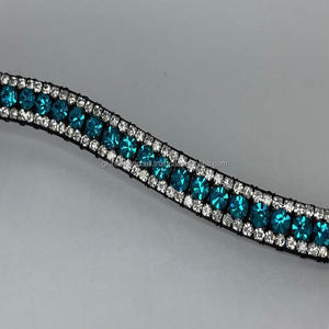 Beautiful Handmade Blue Green Diamante <b>Crystals</b> Rhinestones Bling Padded Black Leather Horse Brow Band with <b>Stitched</b> Loop Ends - Product Image 5