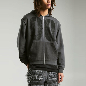 Sudadera con capucha vintage para hombre, 100% algodón, estilo oversize, con cremallera, estampado puff, color gris oscuro - Product Image 3