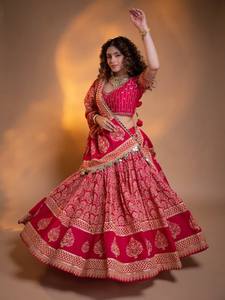 <b>Red</b> Embroidered Silk <b>Lehenga</b> Choli Traditional Indian Pakistani Women's Wedding Dress Set Loose Fit Floor-Length - Product Image 1