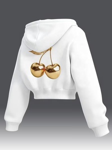 Sudadera Corta con Capucha para Mujer, Color Blanco, con Aplique de Cereza Dorada en la Espalda, Diseño Casual para Otoño, 100% Algodón Tejido, Manga Larga - Product Image 1