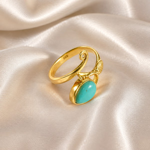 925 Sterling Silver Bezel Set Pear Turquoise Plant Pattern <b>Adjustable</b> <b>Ring</b> Handmade Boho Style Rose Gold Gold Plated Women's - Product Image 3