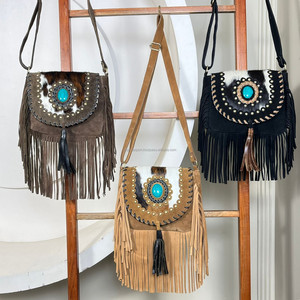 Nuevo estilo occidental pelo en cuero de vaca gamuza bolso con flecos de cuero genuino bolsos de hombro bohemios de alta calidad para mujer con piedra turquesa - Product Image 4