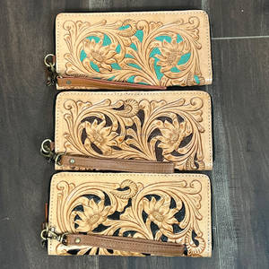 Cartera de mano elegante de cuero genuino hecha a mano para mujer, con nuevo diseño floral en relieve y cierre de cremallera, tarjetero para damas - Product Image 2
