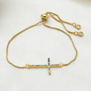 Wholesale 925 Sterling Silver Cross Multicolor Zircon Inlaid Fine Bracelet for Women Adjustable Gold Plated Jewelry <b>Gift</b> Party - Product Image 1