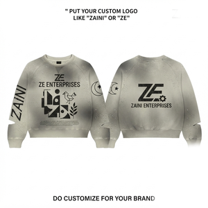 Premium ZAINI Men's Eco-Friendly 380 GSM 100% Cotton Acid Wash Streetwear <b>Sweatshirt</b> <b>Grey</b> Raglan Custom Logo Rhinestone Print - Product Image 1