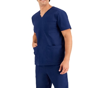 Conjunto de Uniforme Médico para Hombre, Cuello en V, Color Azul Marino, con Bolsillos, Pantalones de Manga Corta, Tejido de Algodón y Poliéster - Product Image 2