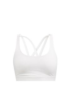 Sujetador deportivo de alto soporte para mujer, tipo racerback, ecológico, de spandex/nailon, con logotipo frontal personalizado, para yoga y gimnasio. - Product Image 3
