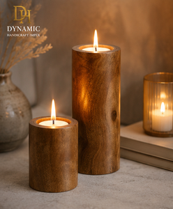 Rustic Wooden <b>Candle</b> Stand <b>Set</b> of 2 Natural Wood Cylindrical Votive Holders 3 and 6 Inch Home Decoration - Product Image 1