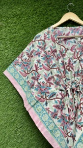 Robe Kaftan en coton pour femmes, imprimé floral, col en V, taille à cordon, manches courtes, coupe ample, tenue de plage, tenue de nuit - Product Image 3