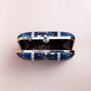 Navy Blue Floral Printed Clutch Metal <b>Frame</b> Hard Case with Satin Digital Fabric Raw Silk Interior and Crystal Stone Lock 7 x 6.5 - Product Image 3