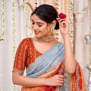 Traditional Indian Silk <b>Saree</b> For Women Wedding <b>Orange</b> Blue Gradient Embroidered Sari Regular Fit Floor Length Ethnic Wear - Product Image 4